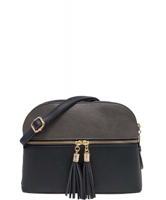 Dual Tone Zip Tassel Multi Compartment Crossbody Bag LP050 CGY BLACK